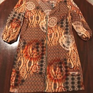 Tribal Print V-Neck 3/4 Sleeve Dress w/Front Zip